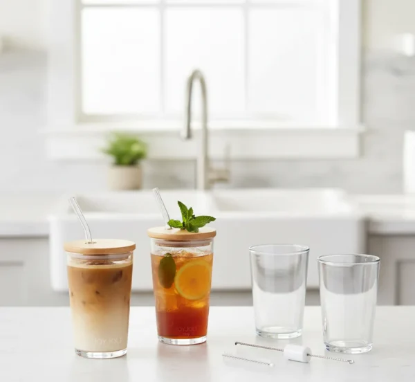 Glass Cups with Bamboo Lids & Glass Straws (4-Piece Set – 16oz ...