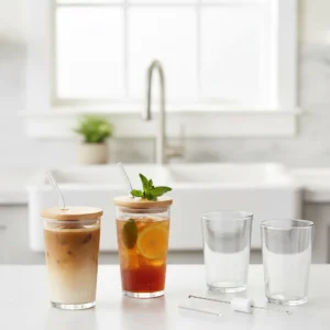 Glass Cups with Bamboo Lids & Glass Straws (4-Piece Set – 16oz)